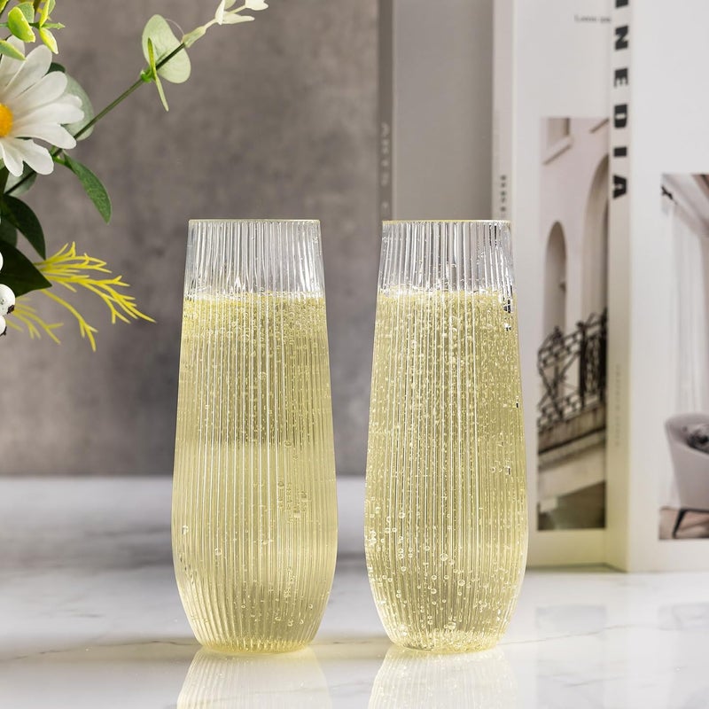 HOMIP 36pcs Clear Plastic Champagne Flutes - 9oz Disposable Champagne Flutes Stemless Toasting Glasses, Ribbed Ripple Design (BPA-Free) for Weddings, Bars & Events - Disposable Party Cups - Image 5